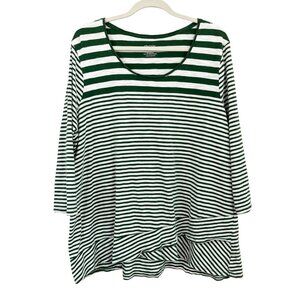 Chico's The Ultimate Tee Green White Striped Asymmetrical Hem - Size 4, XXL